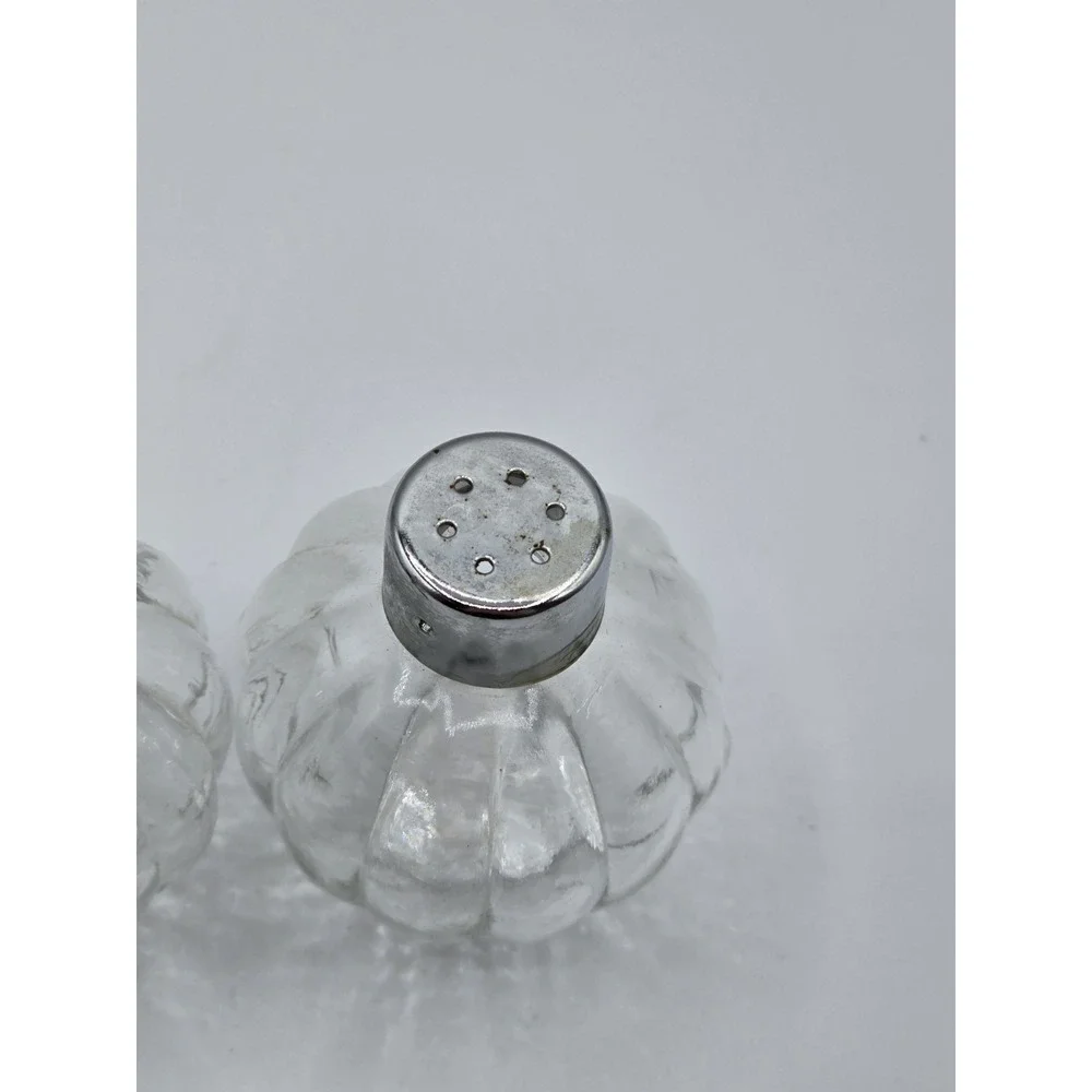 VINTAGE SALT AND PEPPER SHAKER SET- Clear Glass Melon Ribbed Festive Fall Autumn